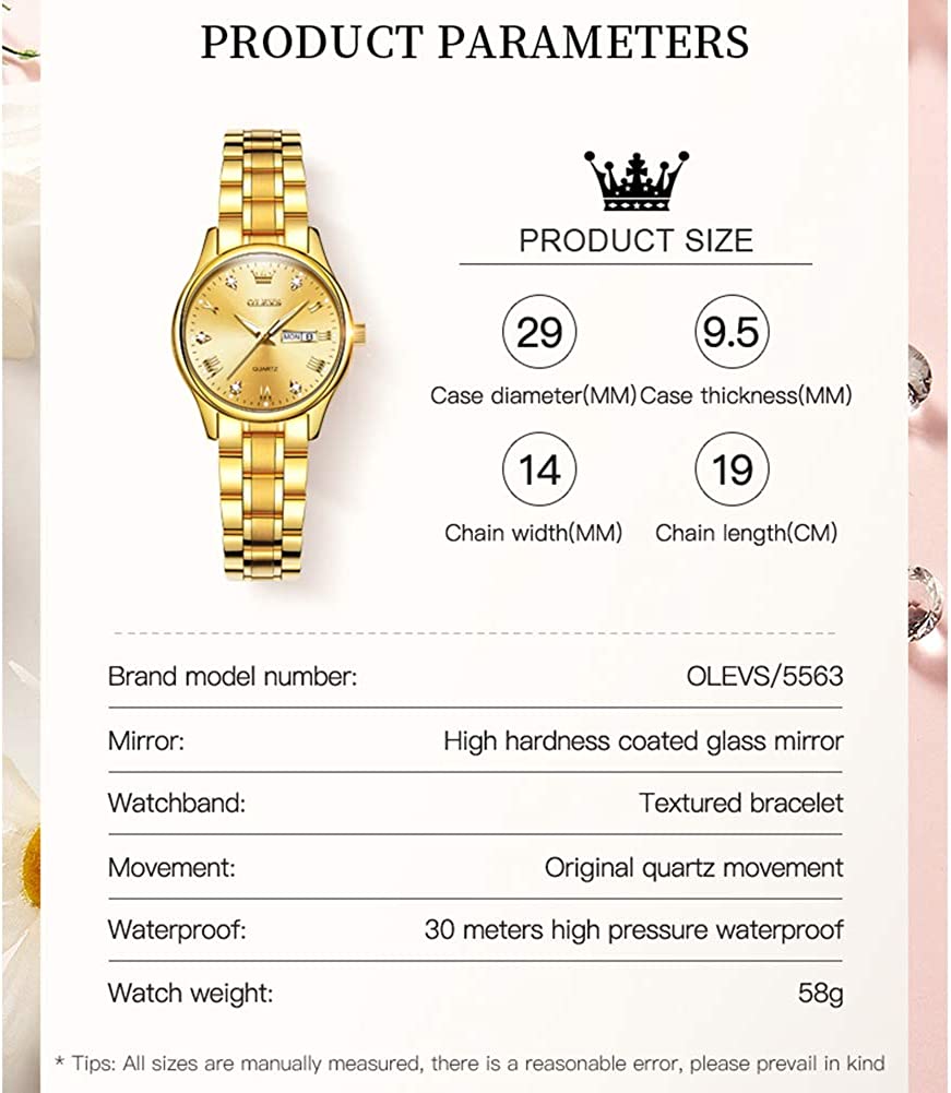 OLEVS Gold Watches for Women Luxury Wrist Watches Day and Date Waterproof Stainless Steel Quartz Analog Lightweight Ladies Watches Adjustable Bracelet Simple Dress Wristwatch Gold Black White Dial - Image 5